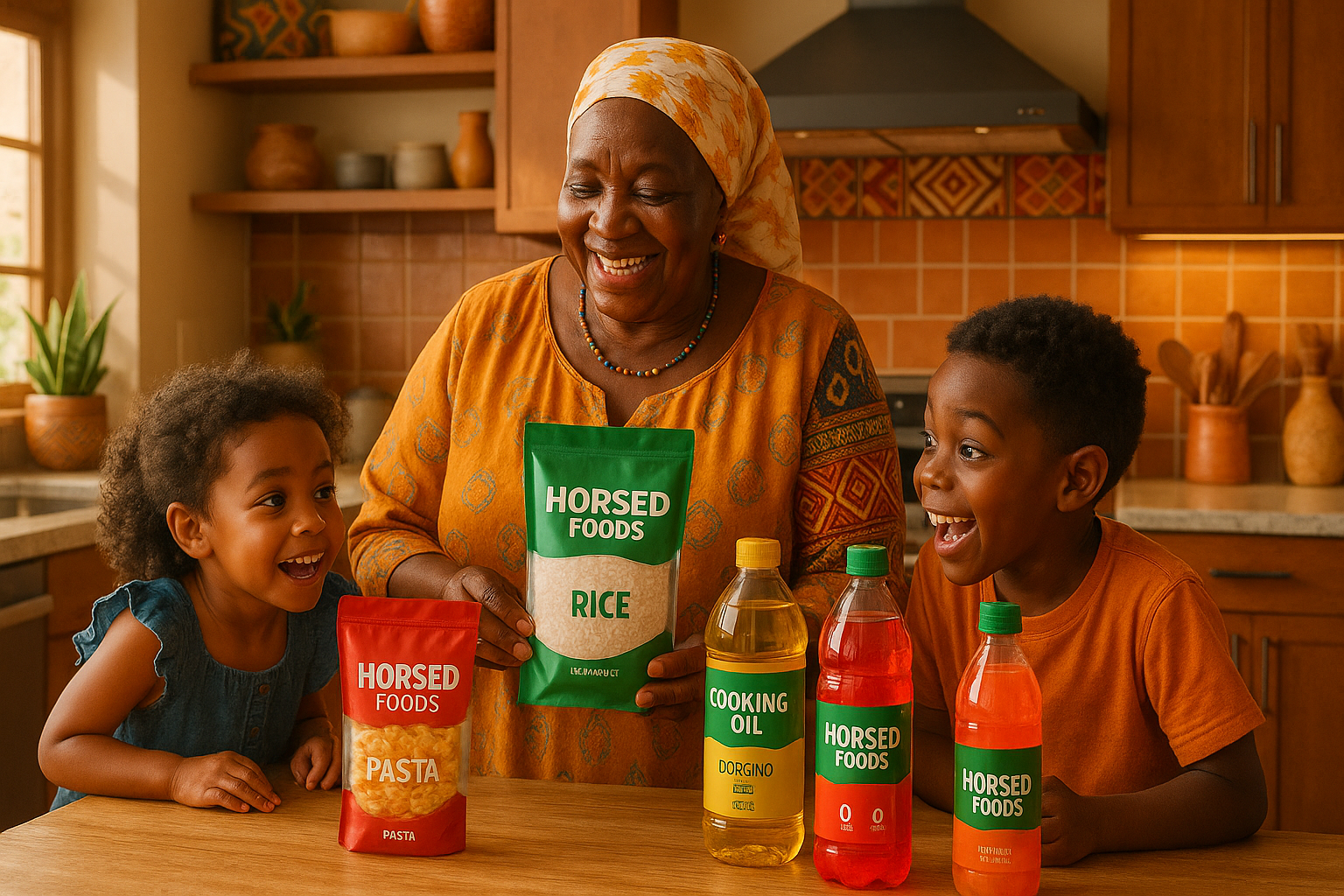 A East African grandma showing her grand kids food ingredients like rice , pasta , oil , color liquid ITEMS LABELLED HORSED FOODS AND THEY IN MODERN AFRO KITCHEN VIBES