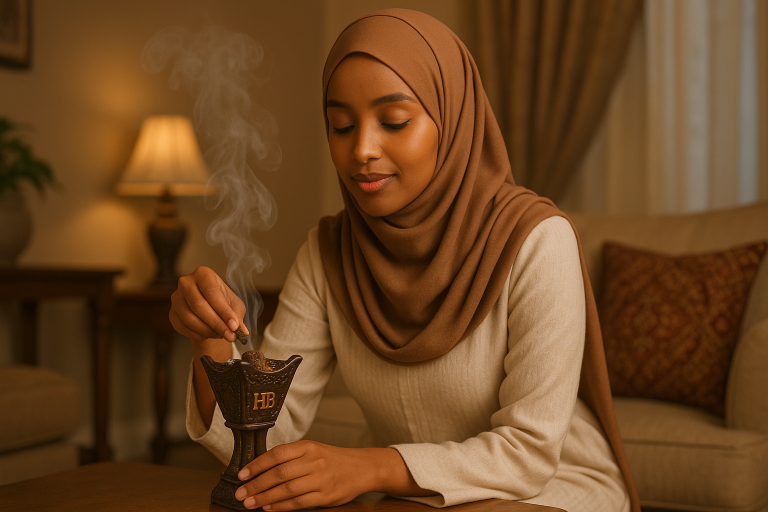 A Somali girl in her living room putting unsi on light smoke coming out the unsi holder label the holder HB 