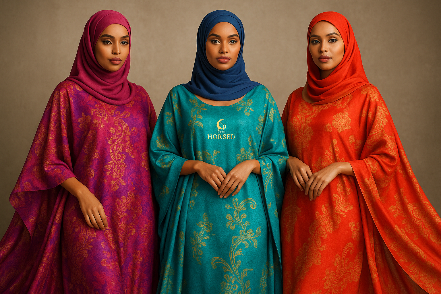 EAST AFRICAN MODELS THREE , WEARING SOMALI DIRAC HORSED DIRACS LOGO 