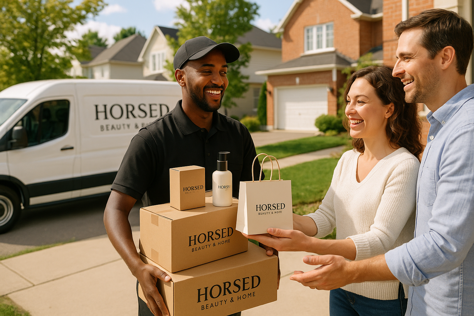 PACKAGES BEING DELIVERED BY HORSED BEAUTY , HOME & FOODS VAN TO EAS CUSTOMERS AND DRIVER EASTAFRICAN SOMALI MAN 
