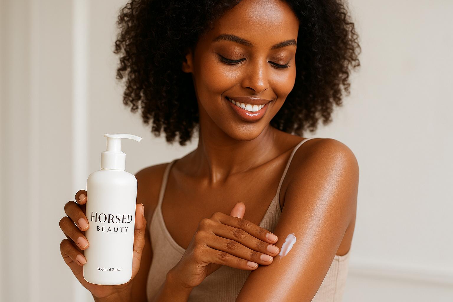 Somali model putting on Horsed beauty Lotion 