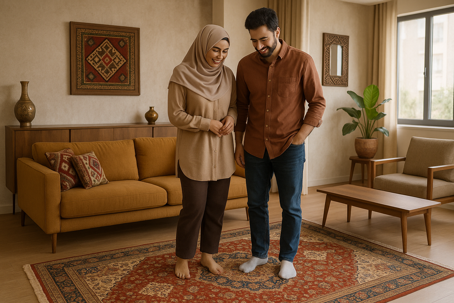 TURKISH  couple looking at carpet they bought from horsed home in modern turkish living room 